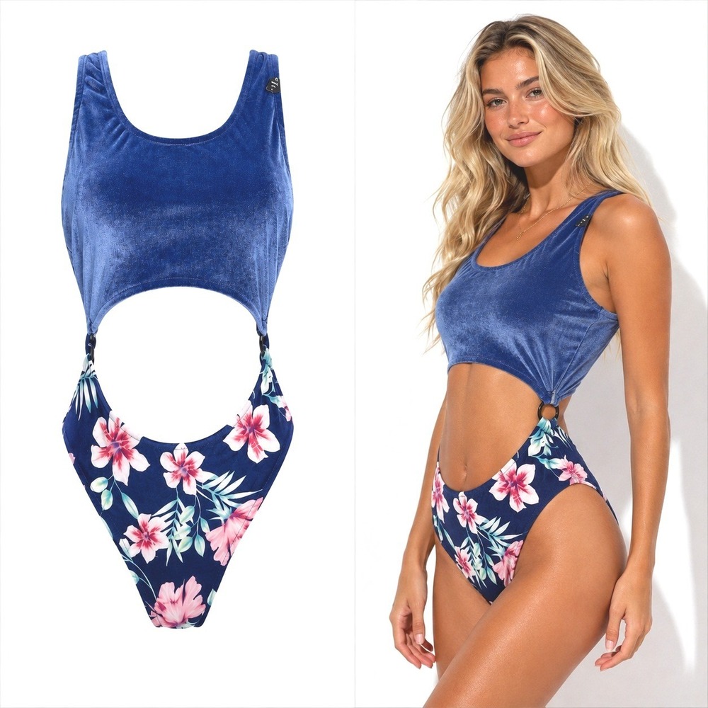 Victoria's Secret PINK Velvet Swimsuit S Monokini Floral Cutout Blue Bathingsuit